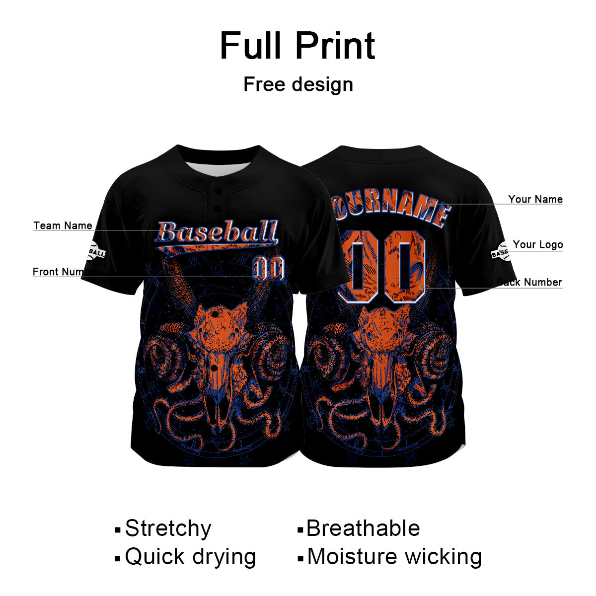 Camiseta de béisbol negra personalizada con nombre número y logotipo personalizados