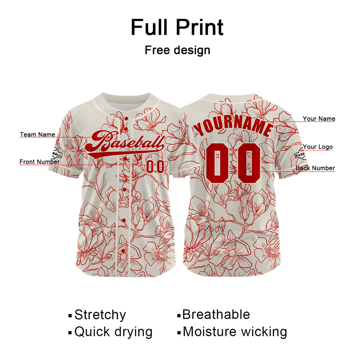Camiseta de béisbol beige personalizada con nombre número y logotipo personalizados