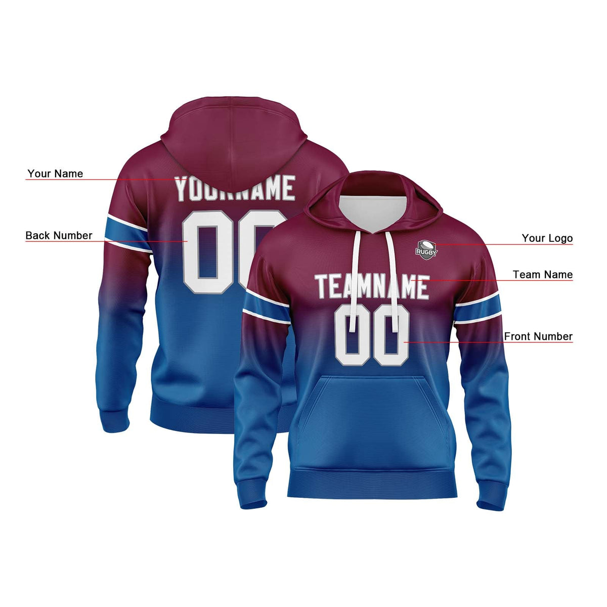 Sudadera con capucha personalizada con degradado para hombre-mujer-niña o niño Estampa tu logotipo-nombre y número en color burdeos y azul