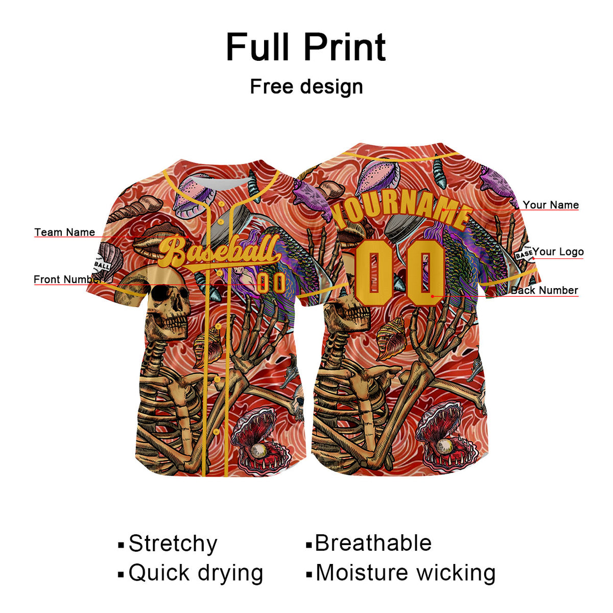 Camiseta de béisbol personalizada roja y amarilla con nombre número y logotipo personalizados