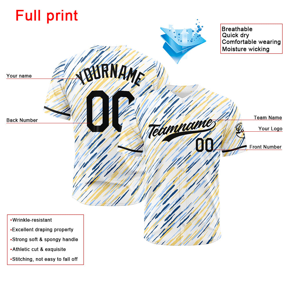 Camiseta de béisbol con dise?o personalizado estampado completo en blanco amarillo y azul
