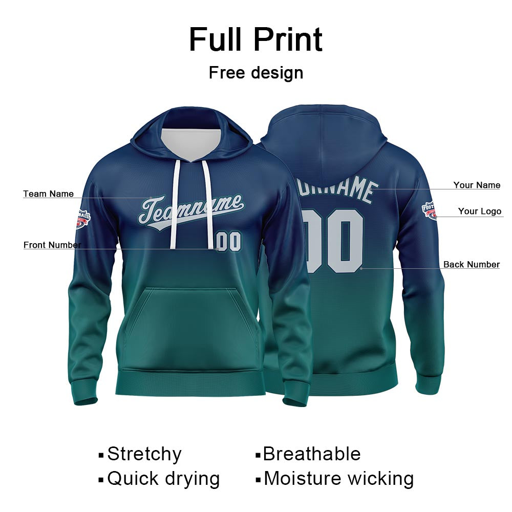 Sudadera con capucha personalizada con degradado para hombre-mujer-niña o niño Estampa tu logotipo-nombre o número Azul marino y verde