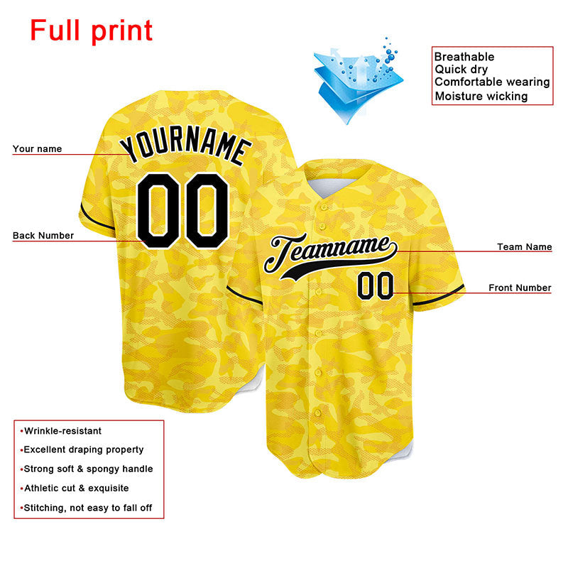 custom full print design authentic yellow camouflage baseball jersey