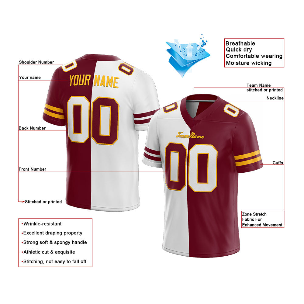 custom authentic split fashion football jersey burgundy-white-yellow mesh