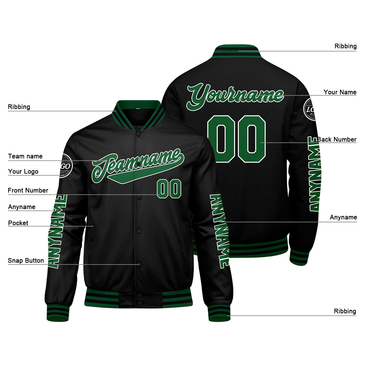 Chaquetas universitarias personalizadas en verde y negro para hombres & mujeres y jóvenes & Chaquetas Letterman personalizadas