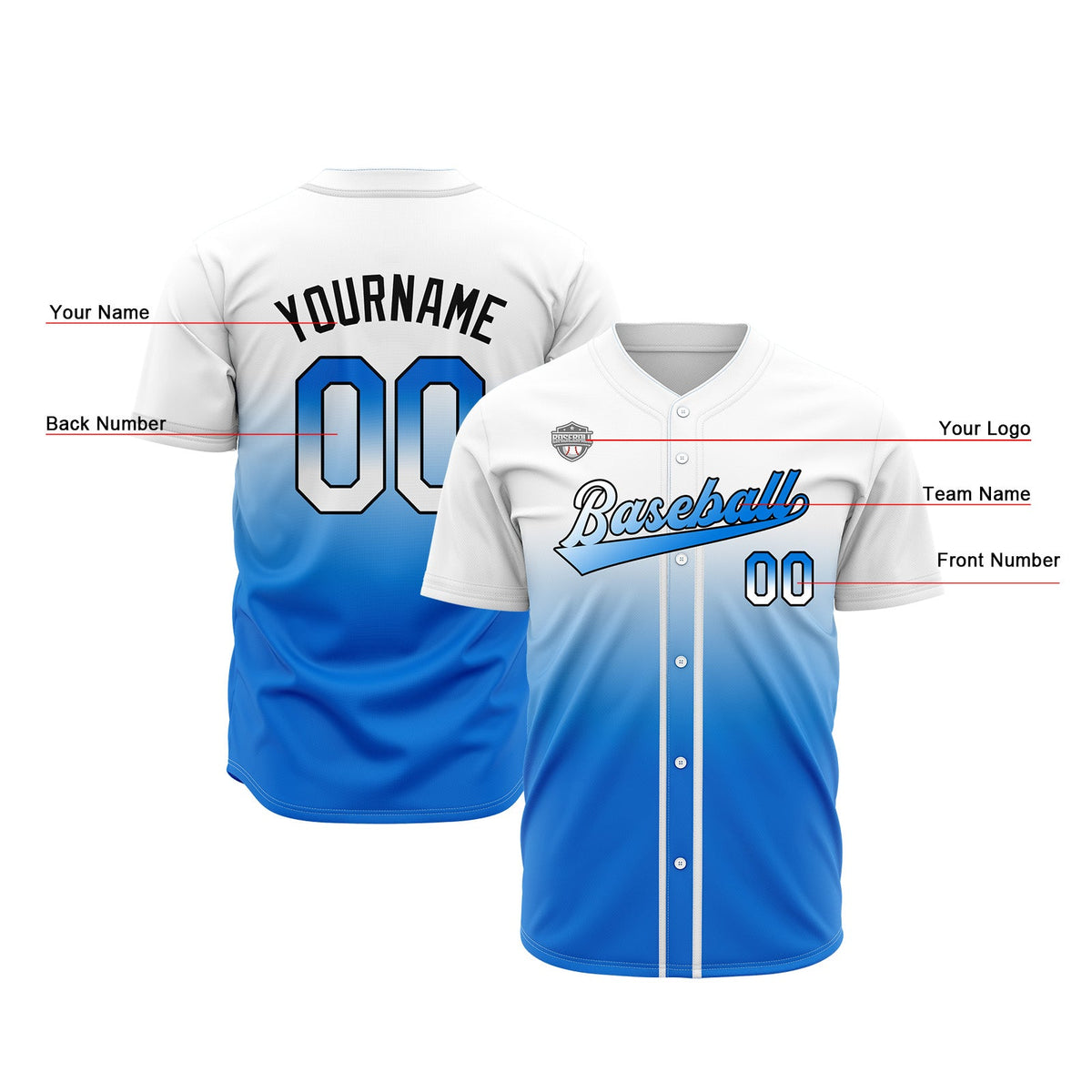Camisetas de béisbol personalizadas con degradado nombre número y logotipo