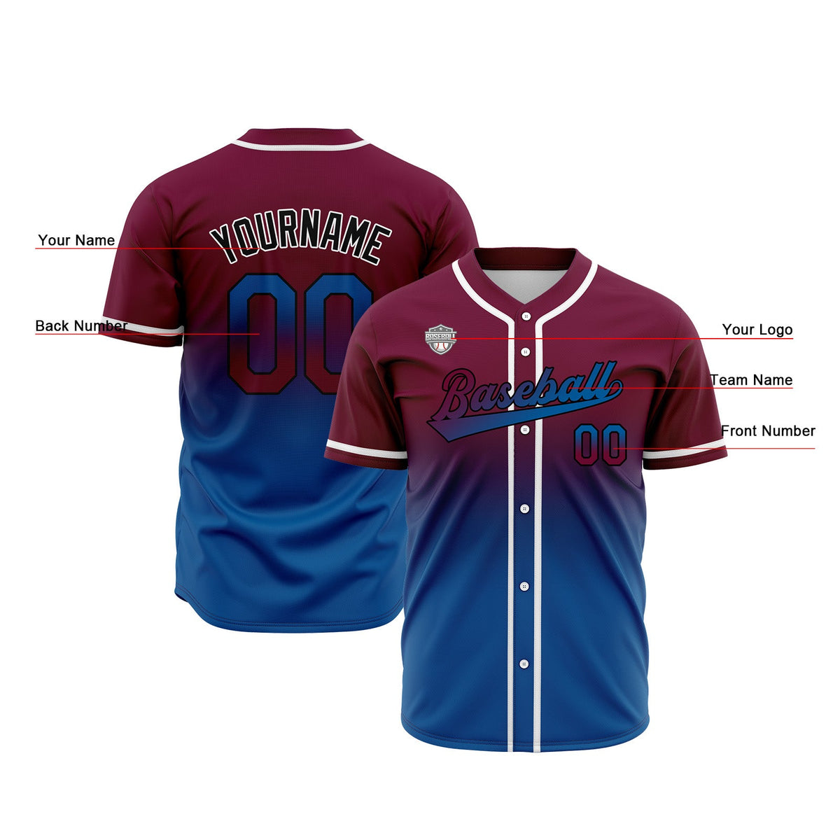 Camisetas de béisbol personalizadas con degradado nombre número y logotipo