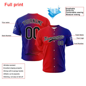 Camiseta de béisbol con dise?o personalizado estampado completo color rojo y azul marino