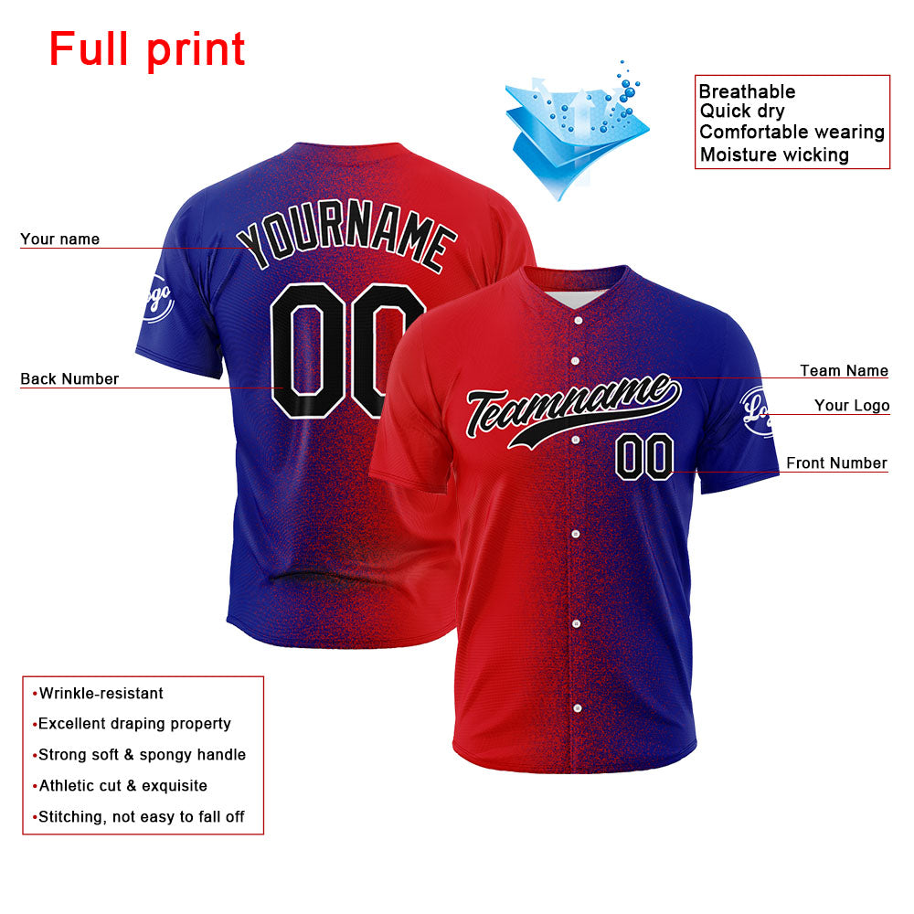 Camiseta de béisbol con dise?o personalizado estampado completo color rojo y azul marino