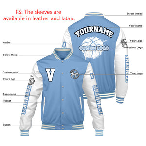 Chaquetas universitarias personalizadas en azul claro y blanco para hombres & mujeres y jóvenes & Chaquetas Letterman personalizadas