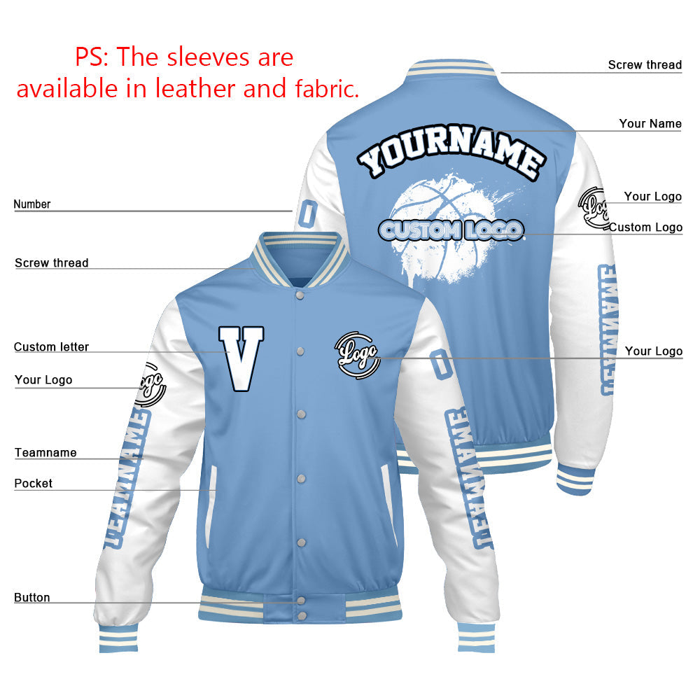 Chaquetas universitarias personalizadas en azul claro y blanco para hombres & mujeres y jóvenes & Chaquetas Letterman personalizadas