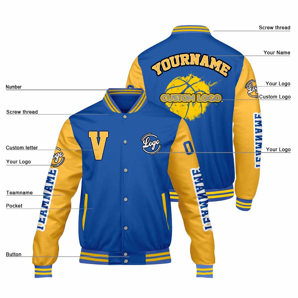 Chaquetas universitarias personalizadas en color azul y amarillo para hombres & mujeres y jóvenes