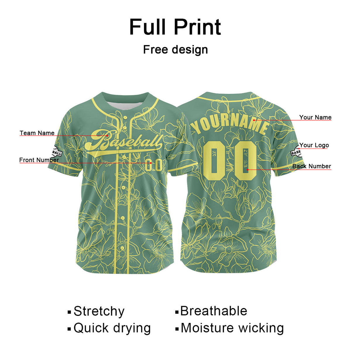 Camiseta de béisbol personalizada verde y amarilla con nombre número y logotipo personalizados