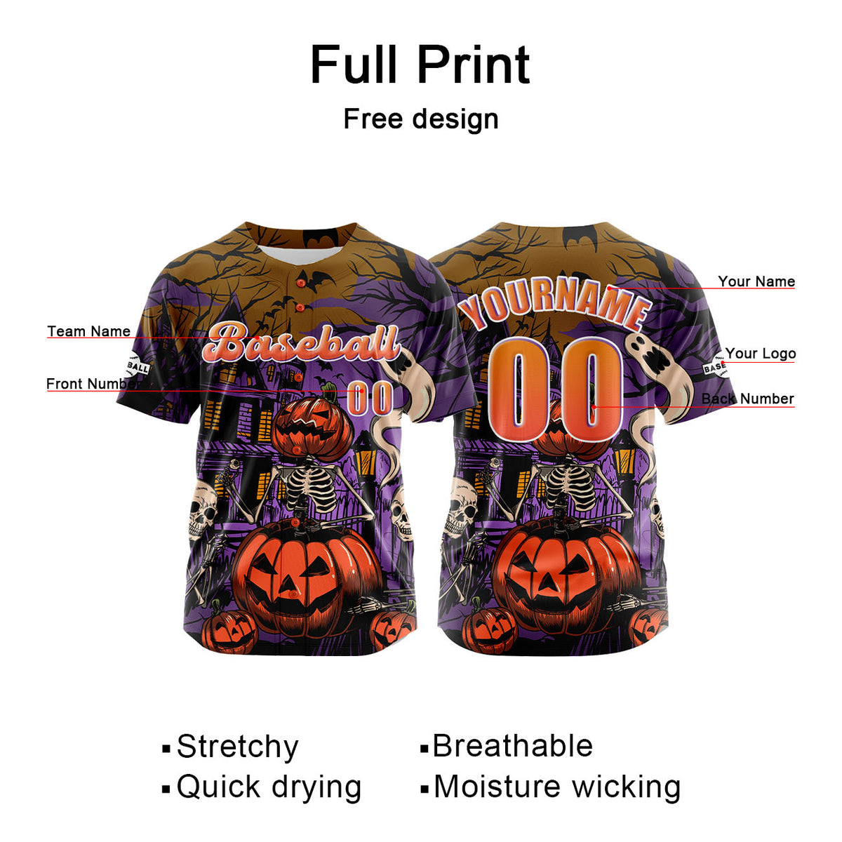 Camiseta de béisbol personalizada de color morado y naranja con botones para hombre mujer adulto y joven Estampado de nombre número y logotipo
