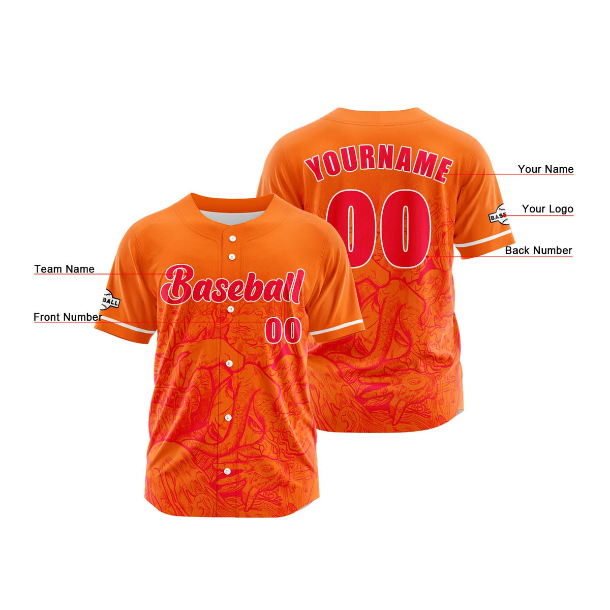 Camiseta de béisbol naranja personalizada con botones para hombre mujer adulto y joven Nombre número y logotipo impresos