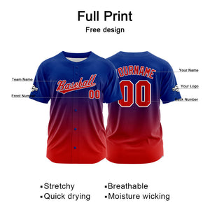 Dise?o personalizado de camiseta de béisbol con estampado completo en rojo y azul