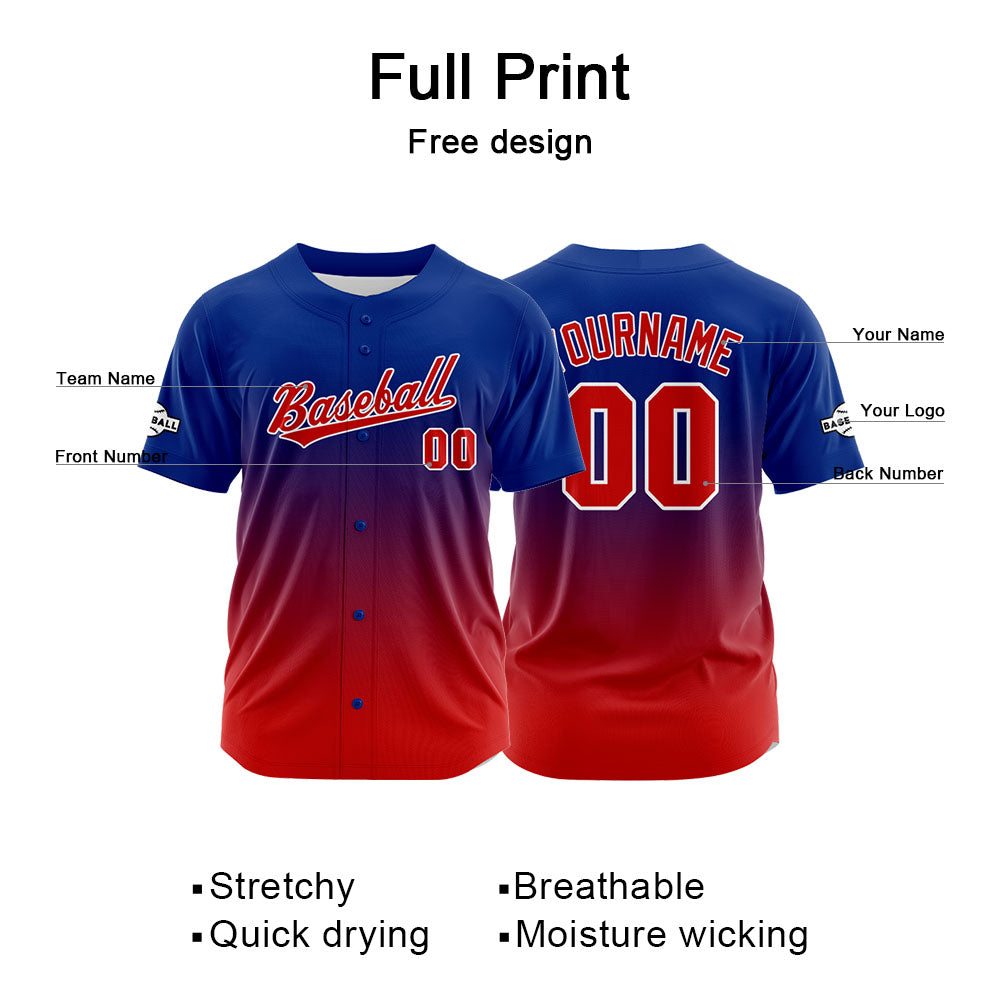 Dise?o personalizado de camiseta de béisbol con estampado completo en rojo y azul