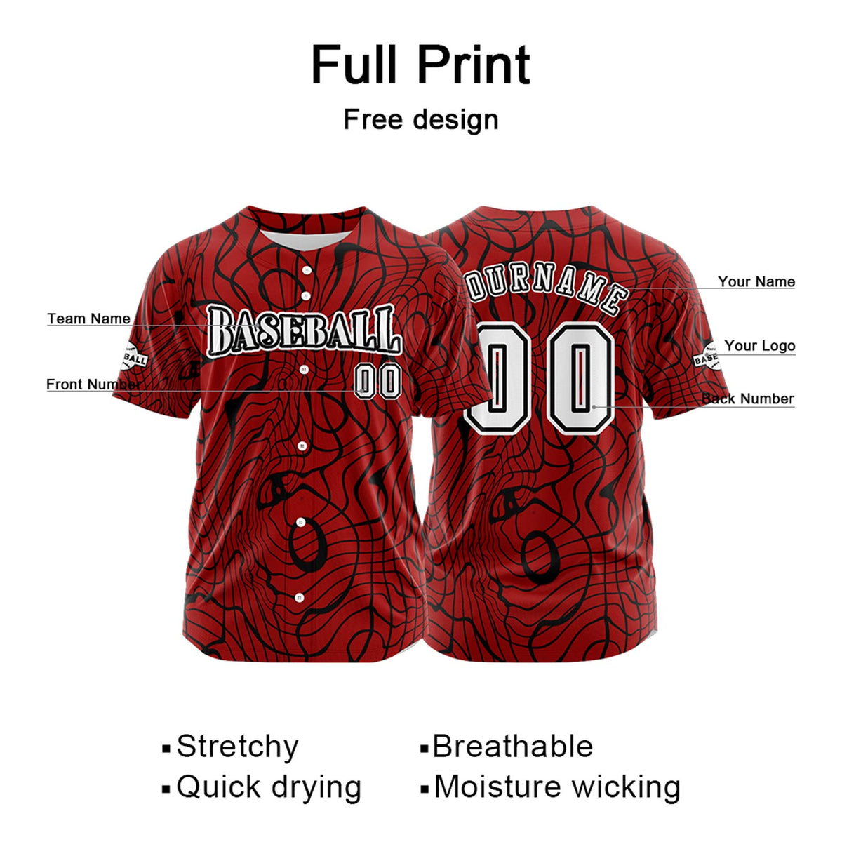 Camiseta de béisbol roja personalizada con botones para hombre mujer adulto y joven Estampado de nombre número y logotipo