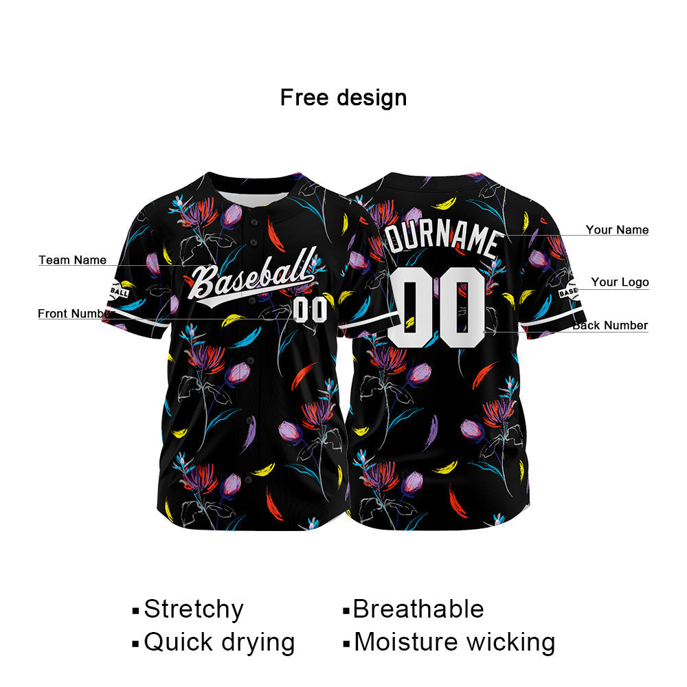 Camiseta de béisbol negra con dise?o personalizado estampado completo