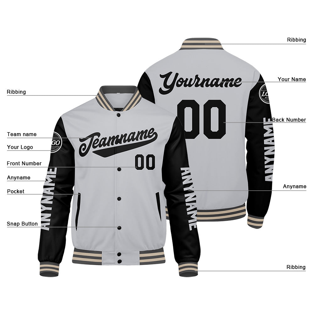 Chaquetas universitarias personalizadas en gris & negro y crema para hombres & mujeres y jóvenes & Chaquetas Letterman personalizadas