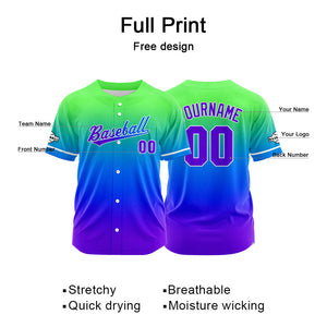 Dise?o personalizado de camiseta de béisbol con estampado completo en tonos morado azul y verde