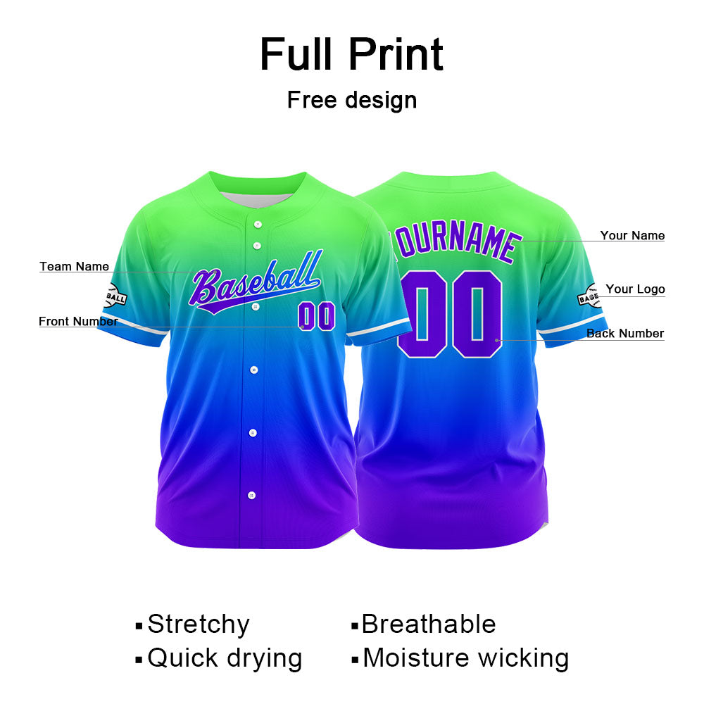 Dise?o personalizado de camiseta de béisbol con estampado completo en tonos morado azul y verde