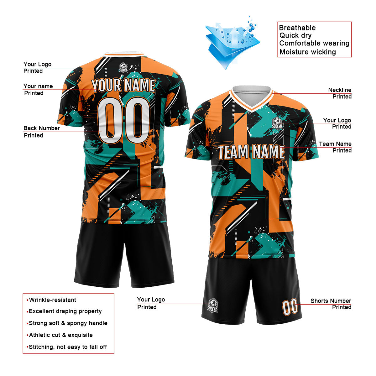 Conjunto personalizado de camiseta de uniforme color aguamarina y naranja para niños y adultos