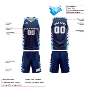 Uniforme de baloncesto personalizado azul marino y blanco con tu logotipo-nombre y número impresos