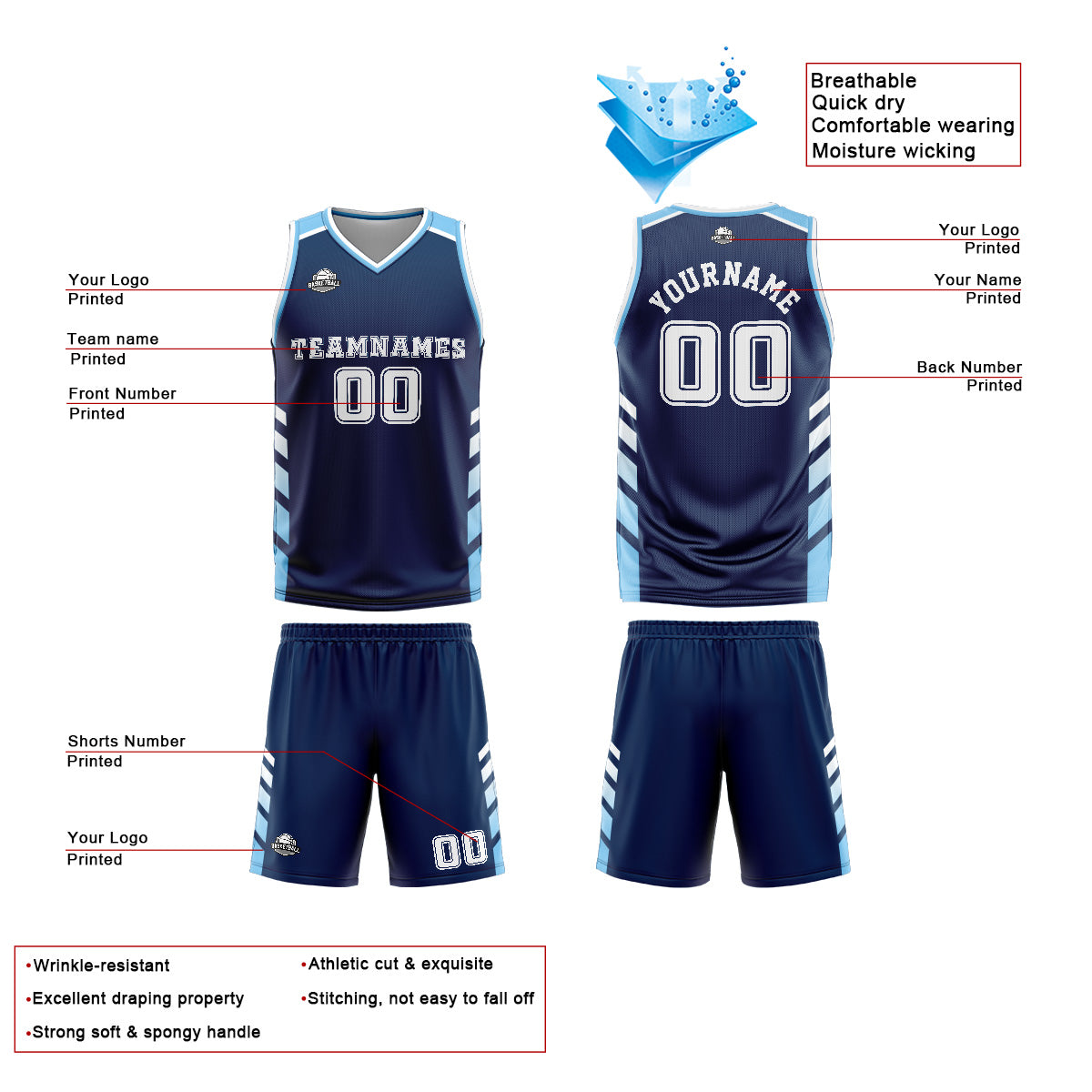 Uniforme de baloncesto personalizado azul marino y blanco con tu logotipo-nombre y número impresos