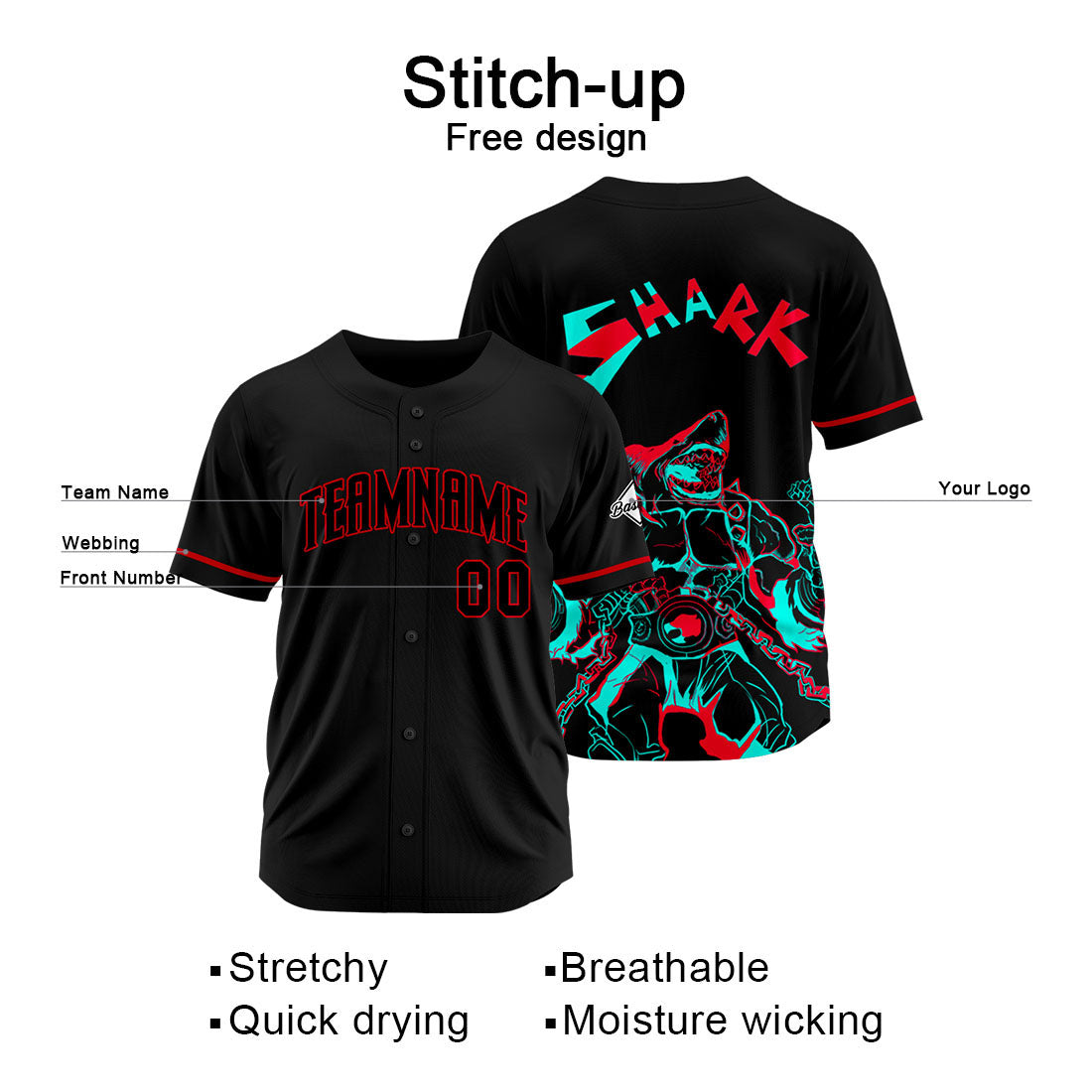 Uniformes de béisbol personalizados Shark-Black&Red de alta calidad para adultos y niños & optimizados para el rendimiento