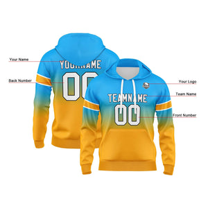 Sudadera con capucha personalizada con degradado para hombre-mujer-niña o niño Estampa tu logotipo-nombre o número Color azul claro y naranja