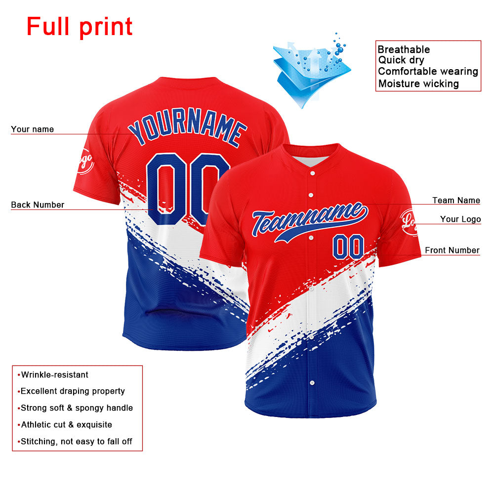 Dise?o personalizado de camiseta de béisbol con estampado completo en rojo azul y blanco