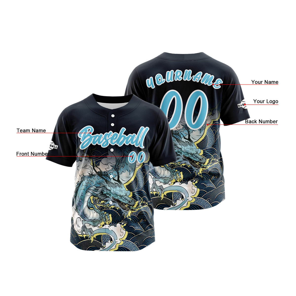 Camiseta de béisbol azul oscuro personalizada con botones para hombre mujer adulto y joven Nombre número y logotipo impresos
