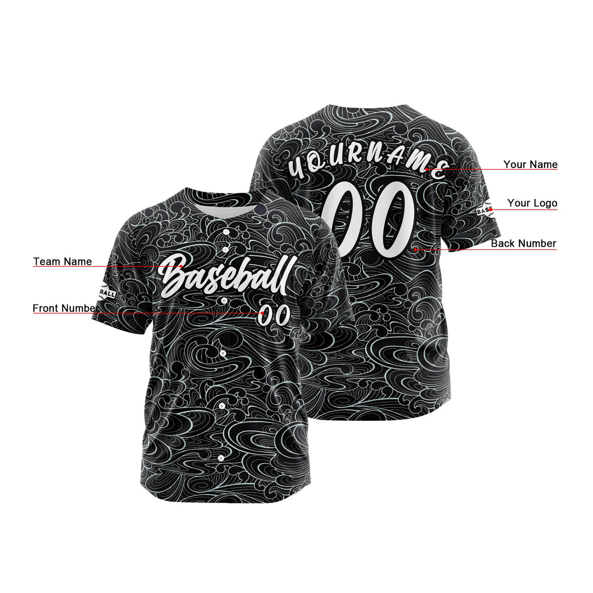 Camiseta de béisbol negra personalizada con botones para hombre mujer adulto y joven Nombre número y logotipo impresos