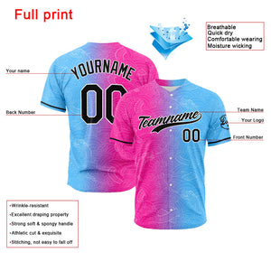 Camiseta de béisbol con dise?o personalizado estampado completo en rosa fucsia y azul claro