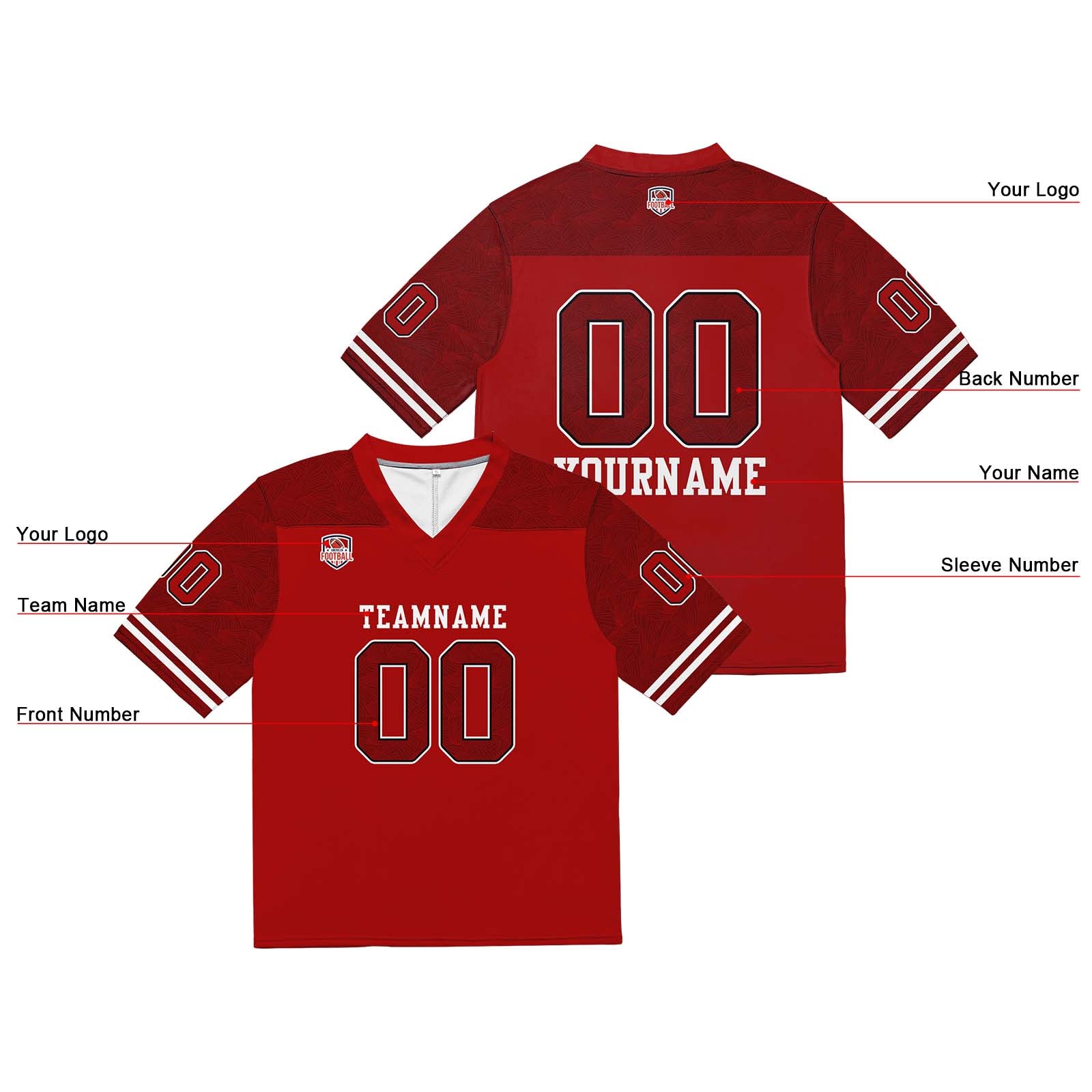 Camiseta de fútbol personalizada con nombre y número del equipo impresos y bordados en color rojo