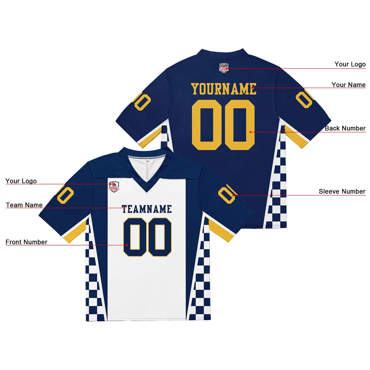 Camiseta de fútbol personalizada con nombre y número del equipo bordados-color azul marino y blanco
