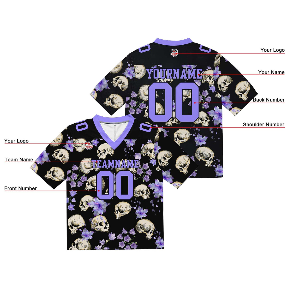Camiseta de fútbol personalizada con nombre y número del equipo bordados y estampados-calavera morada