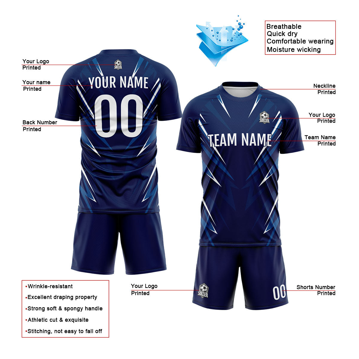 Conjunto personalizado de camiseta de uniforme azul oscuro para niños y adultos