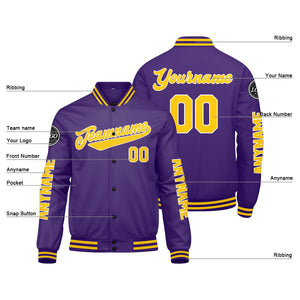 Chaquetas universitarias personalizadas en color morado y amarillo para hombres & mujeres y jóvenes & Chaquetas tipo Letterman personalizadas