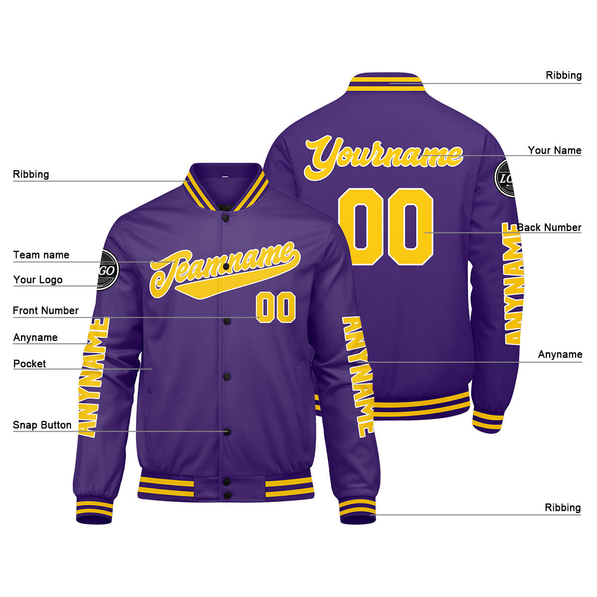 Chaquetas universitarias personalizadas en color morado y amarillo para hombres & mujeres y jóvenes & Chaquetas tipo Letterman personalizadas