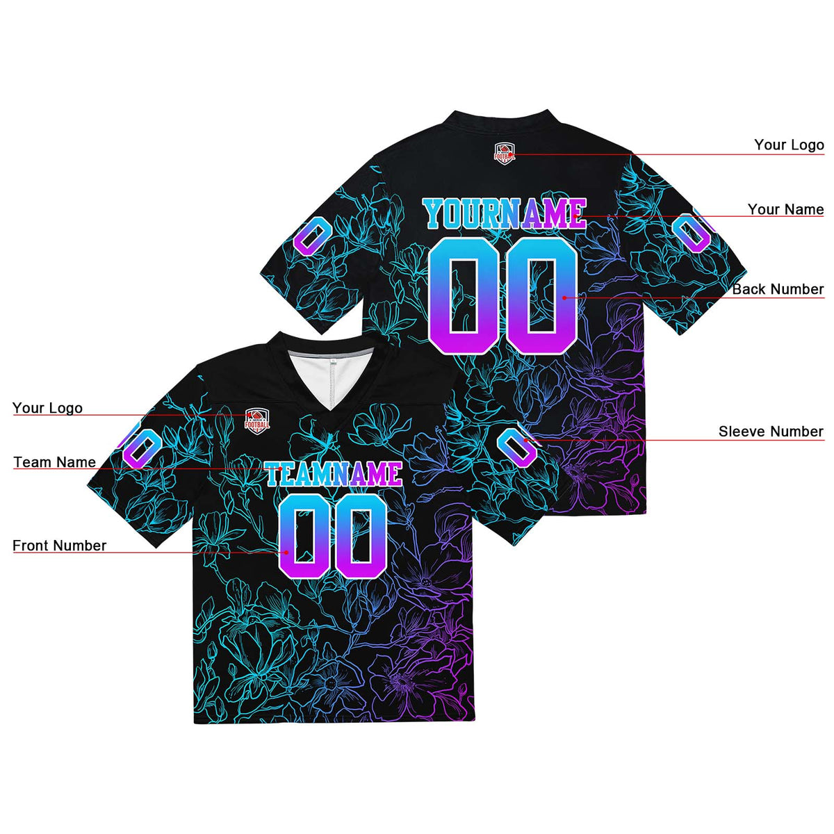 Camiseta de fútbol personalizada con nombre y número del equipo bordados y estampados en rosa y azul degradado