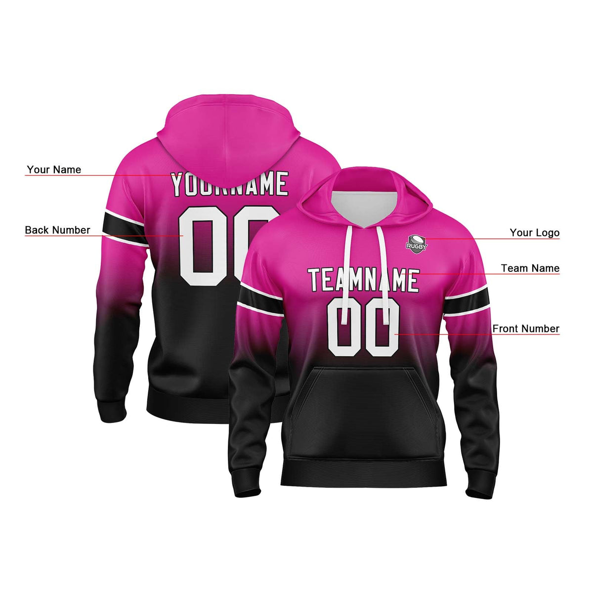 Sudadera con capucha personalizada con degradado para hombre-mujer-niña o niño Estampa tu logotipo-nombre y número en rosa y negro