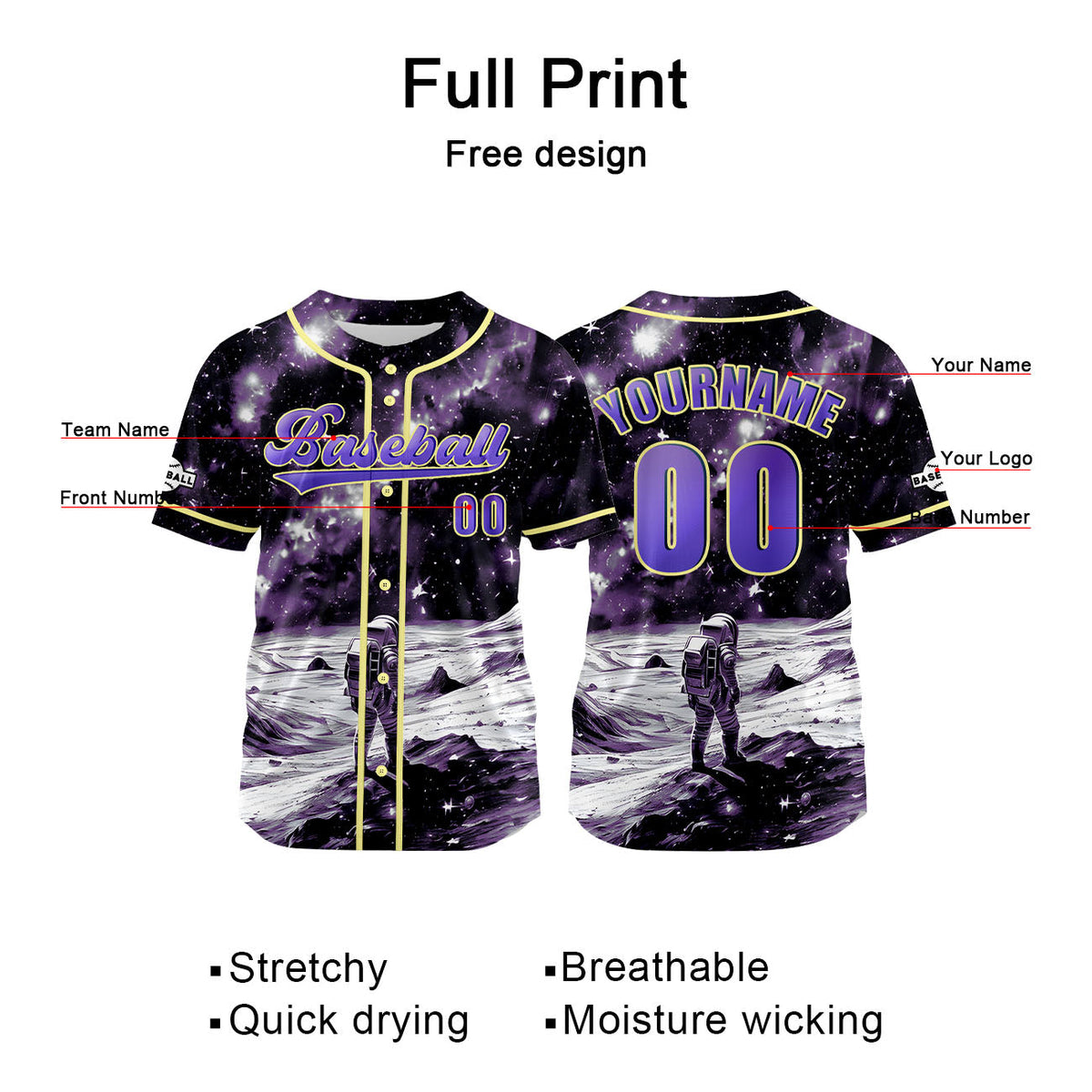 Camiseta de béisbol personalizada amarilla y morada con nombre número y logotipo personalizados