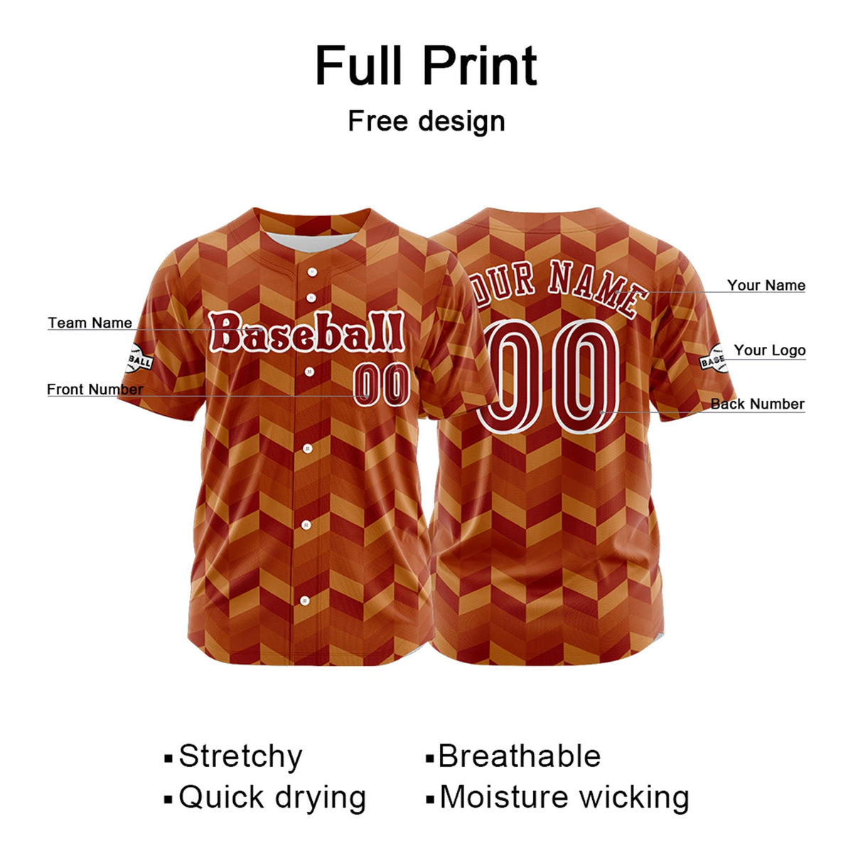 Camiseta de béisbol naranja personalizada con botones para hombre mujer adulto y joven Estampado de nombre número y logotipo