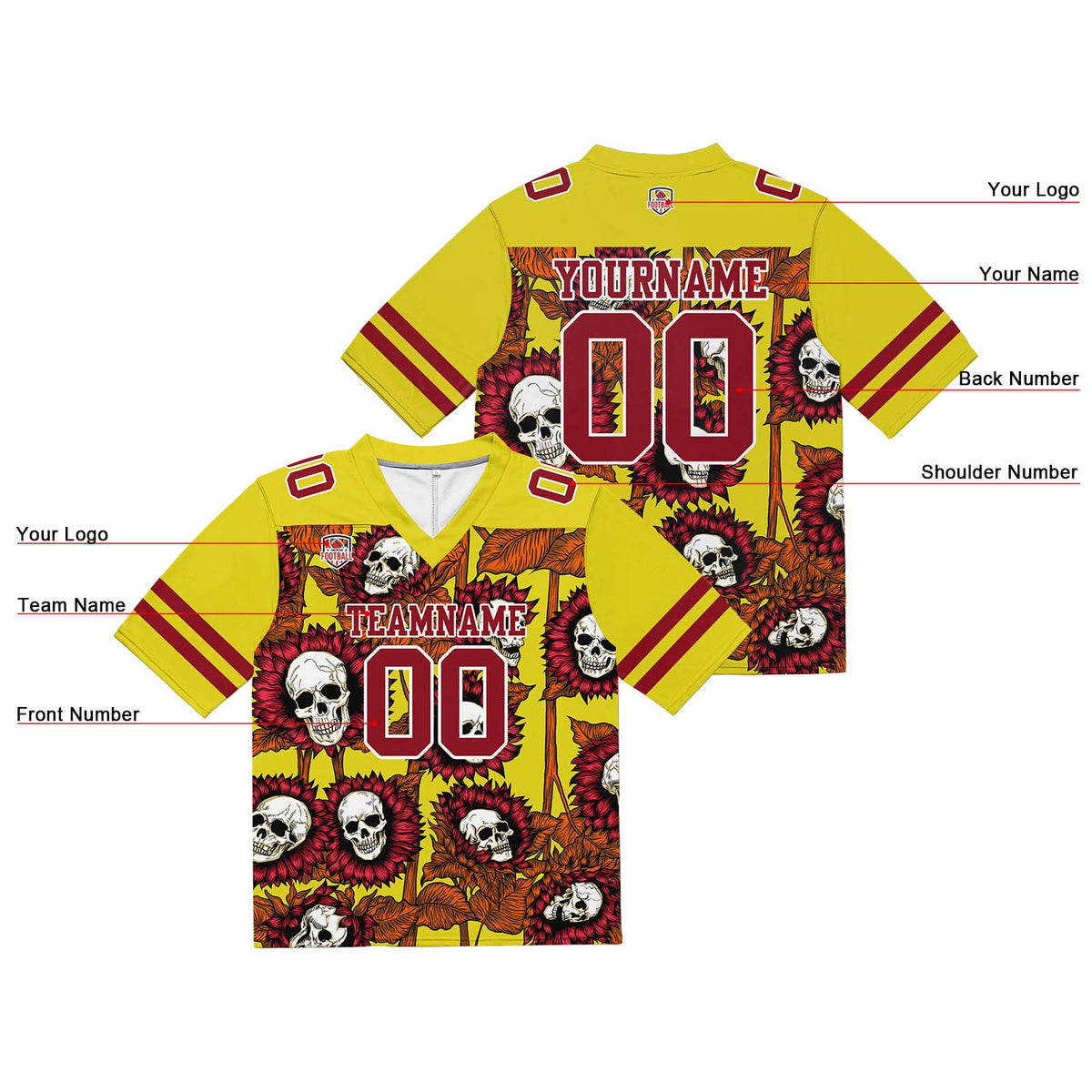 Camiseta de fútbol personalizada con nombre y número del equipo bordados y estampados -Amarillo girasol