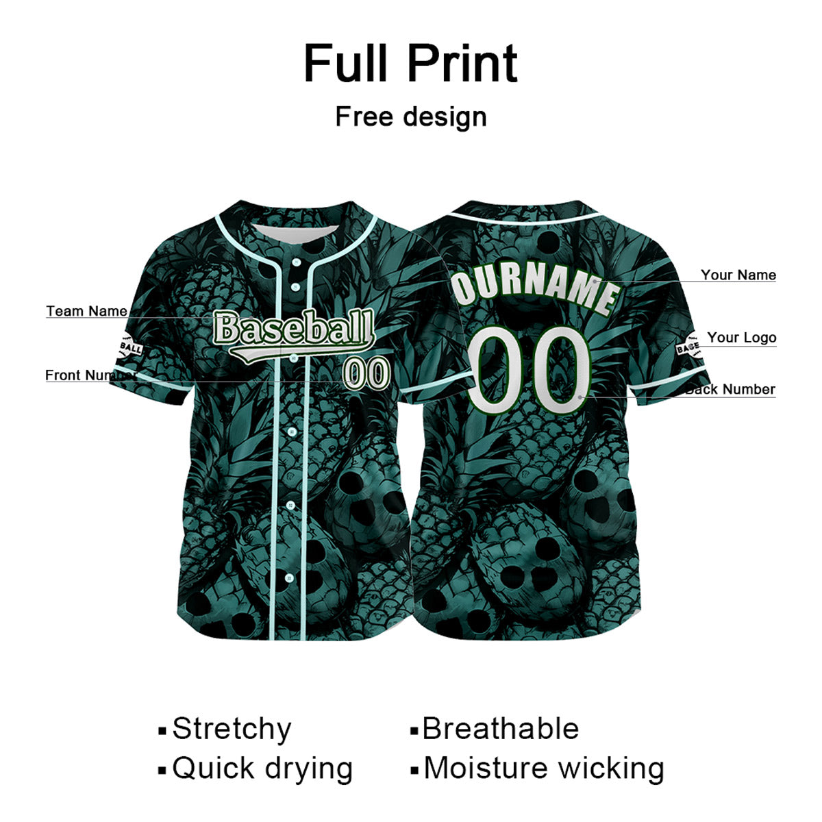 Camiseta de béisbol verde personalizada con nombre número y logotipo personalizados