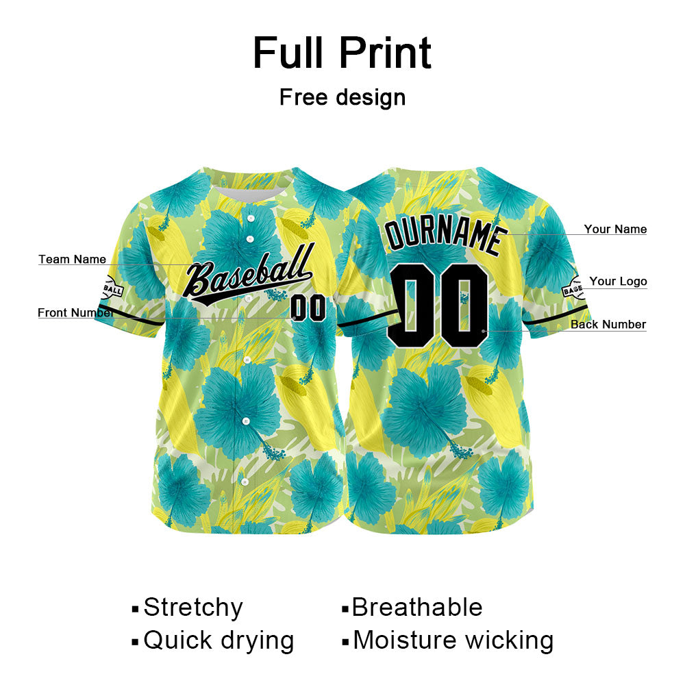 Camiseta de béisbol con dise?o personalizado estampado a todo color verde y amarillo