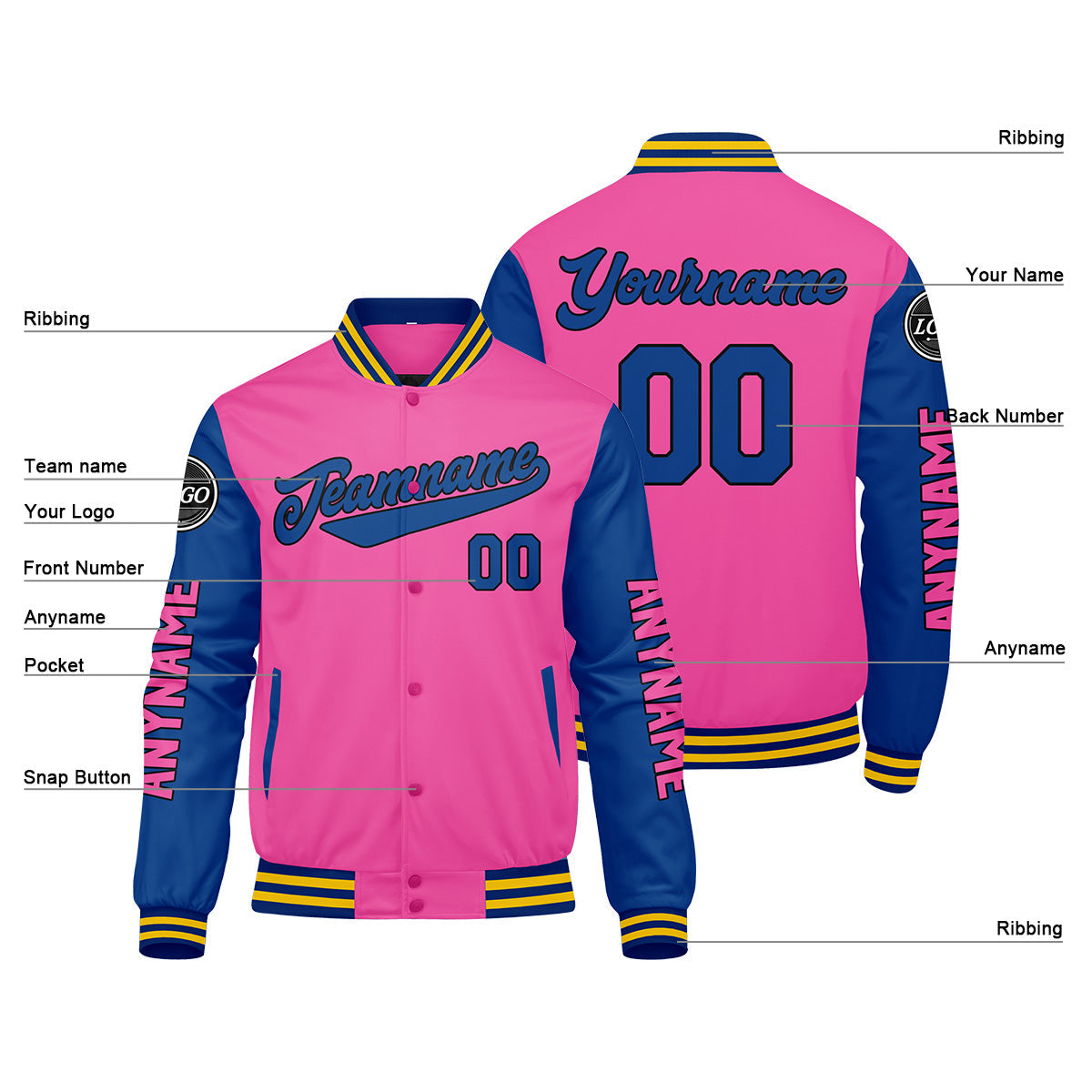 Chaquetas universitarias personalizadas en color rosa & azul marino y amarillo para hombres & mujeres y jóvenes & Chaquetas tipo Letterman personalizadas