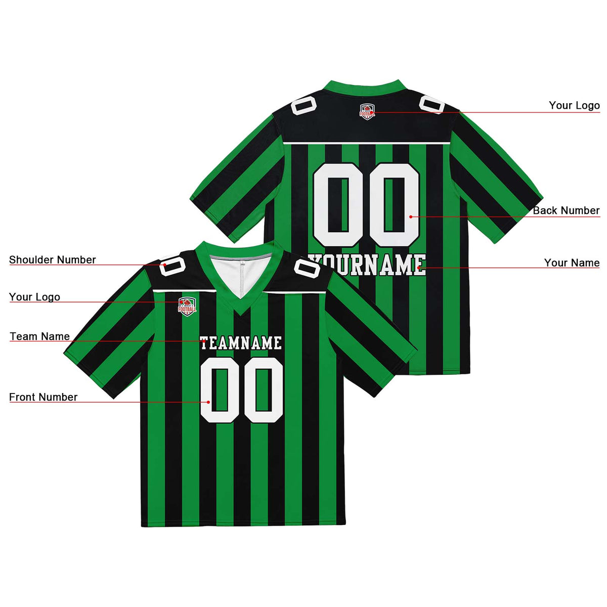 Camiseta de fútbol personalizada con nombre y número del equipo bordados-color verde y negro